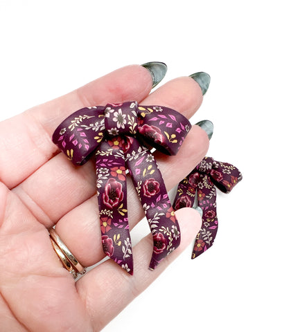 Bow Earrings - Wine Autumn Floral