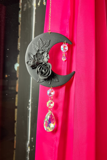 Black Floral Moon Sun Catcher Wall Hanging