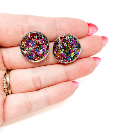 Resin Studs - Rainbow Glitter w/ Silver Frame