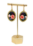 Gold-Framed Floral Dangles - Black