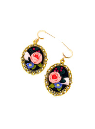 Gold-Framed Floral Dangles - Black