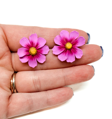 Pink Cosmos Flower Studs