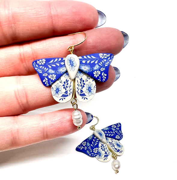 Flora Moth Dangles Blue & Cream