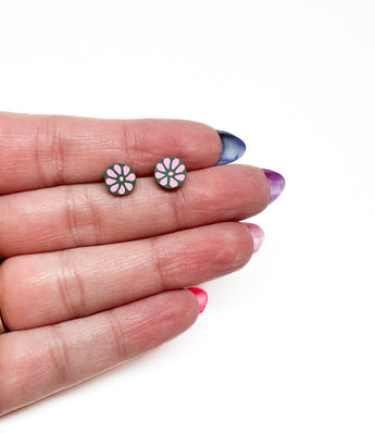 Pink on Green Flower Studs