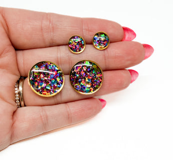 Resin Studs - Rainbow Glitter w/ Gold Frame