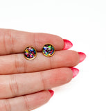 Resin Studs - Rainbow Glitter w/ Gold Frame