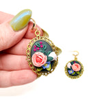 Gold-Framed Floral Dangles - Black