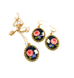 Gold-Framed Floral Dangles - Black