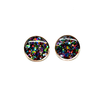 Resin Studs - Rainbow Glitter w/ Rose Gold Frame