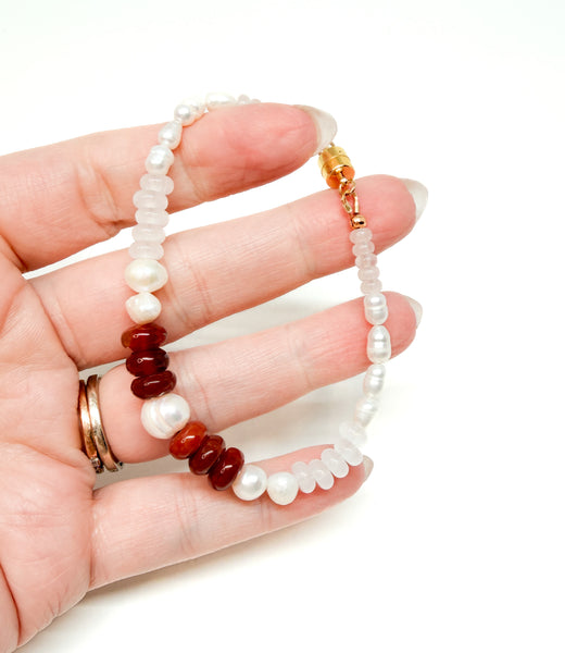 Pearl, Carnelian, & Rose Quartz Beaded Bracelet