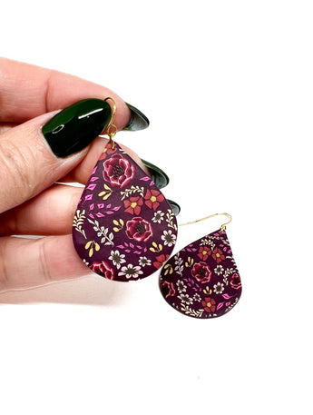 Teardrop Dangles - Wine Autumn Floral